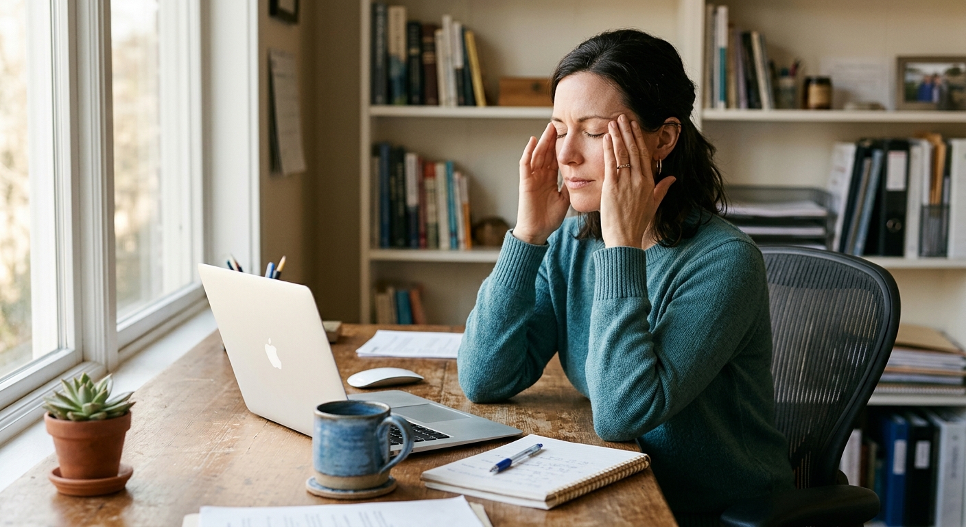 Photo: An adult at a work desk pausing to rub their temples during a long day