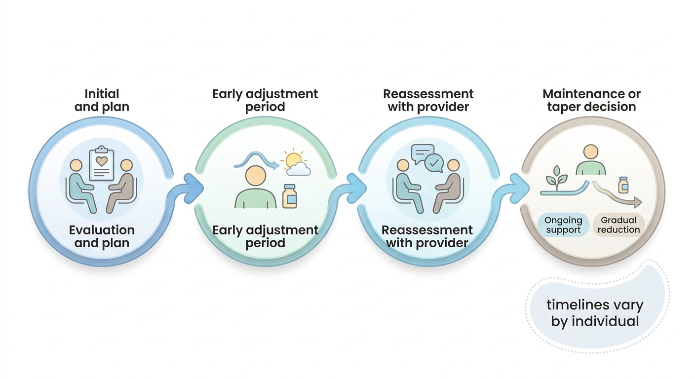 Diagram: Typical anxiety treatment timeline from evaluation through reassessment and maintenance