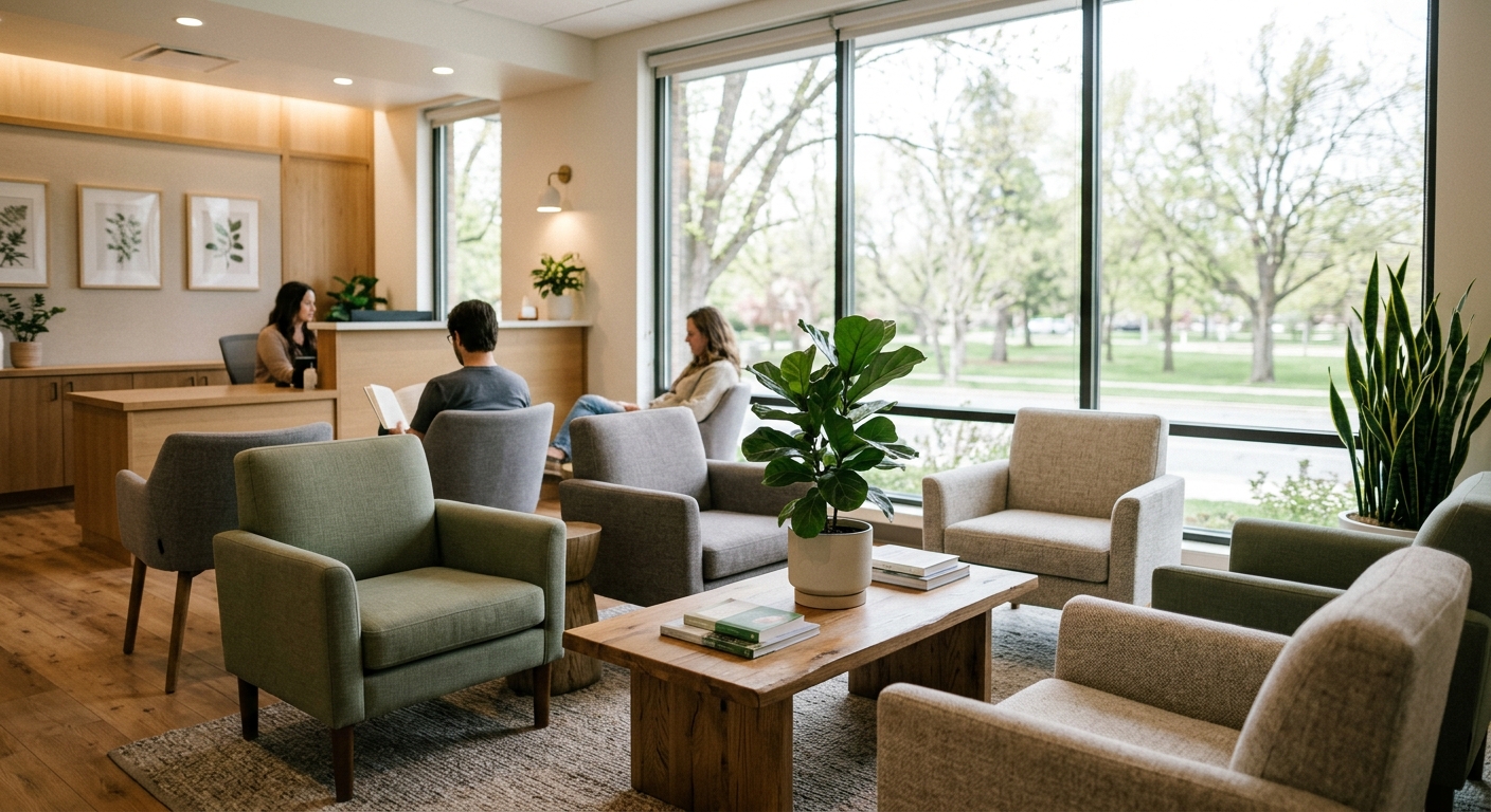Photo: A calm, welcoming clinic waiting area with natural light and comfortable seating