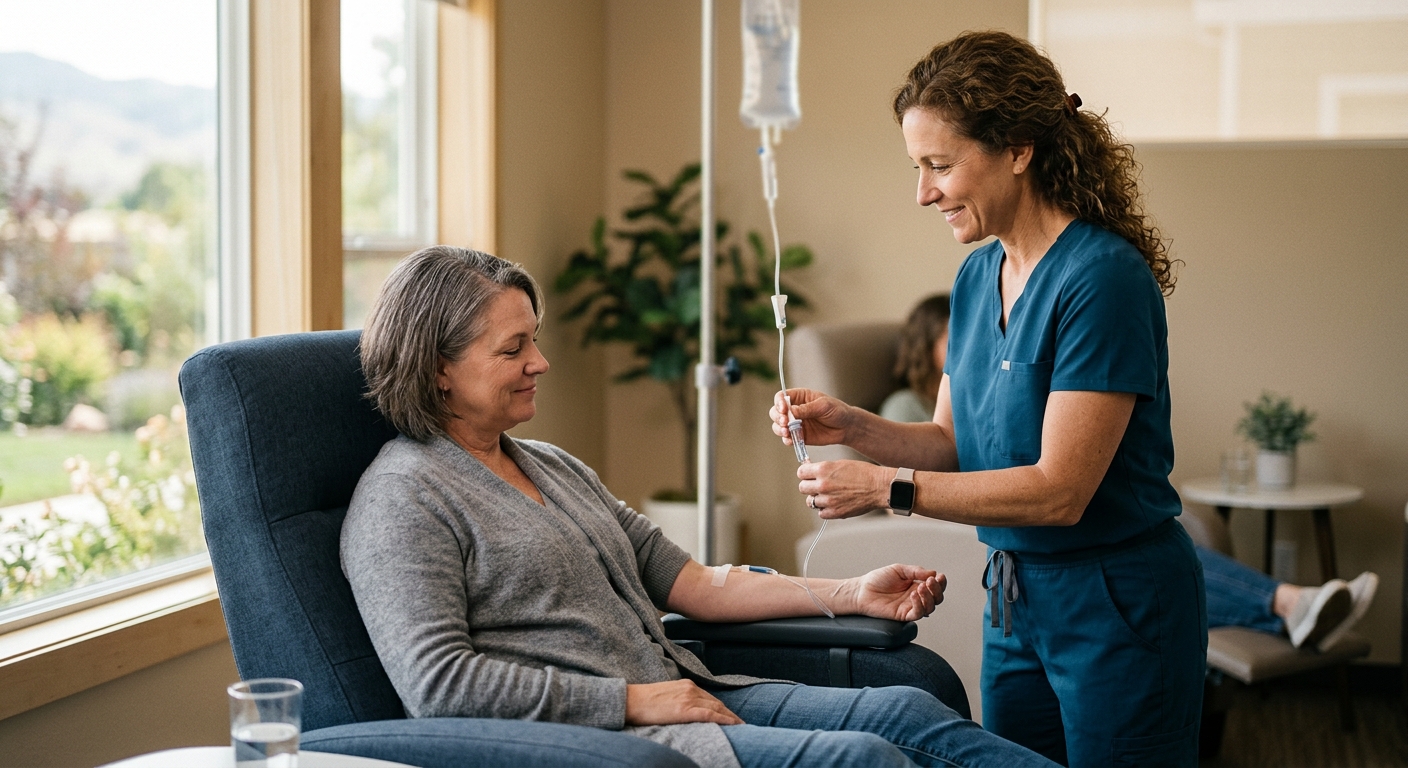 Photo: A clinician checking an IV line for a seated patient in a bright treatment room