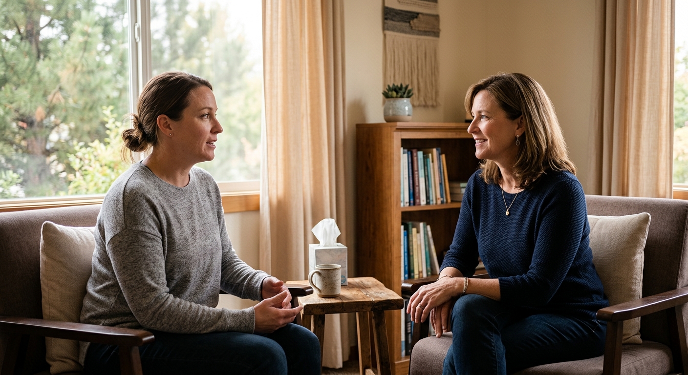 Photo: A clinician and patient talking in a calm, softly lit consultation room