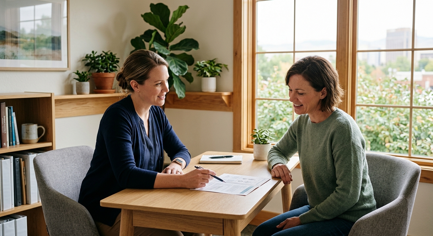 Photo: A clinician and patient discussing treatment paperwork in a calm consultation room