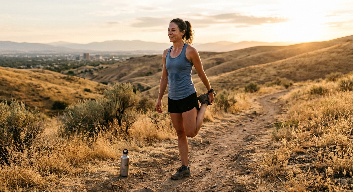 Photo: A runner stretching on a foothills trail at golden hour