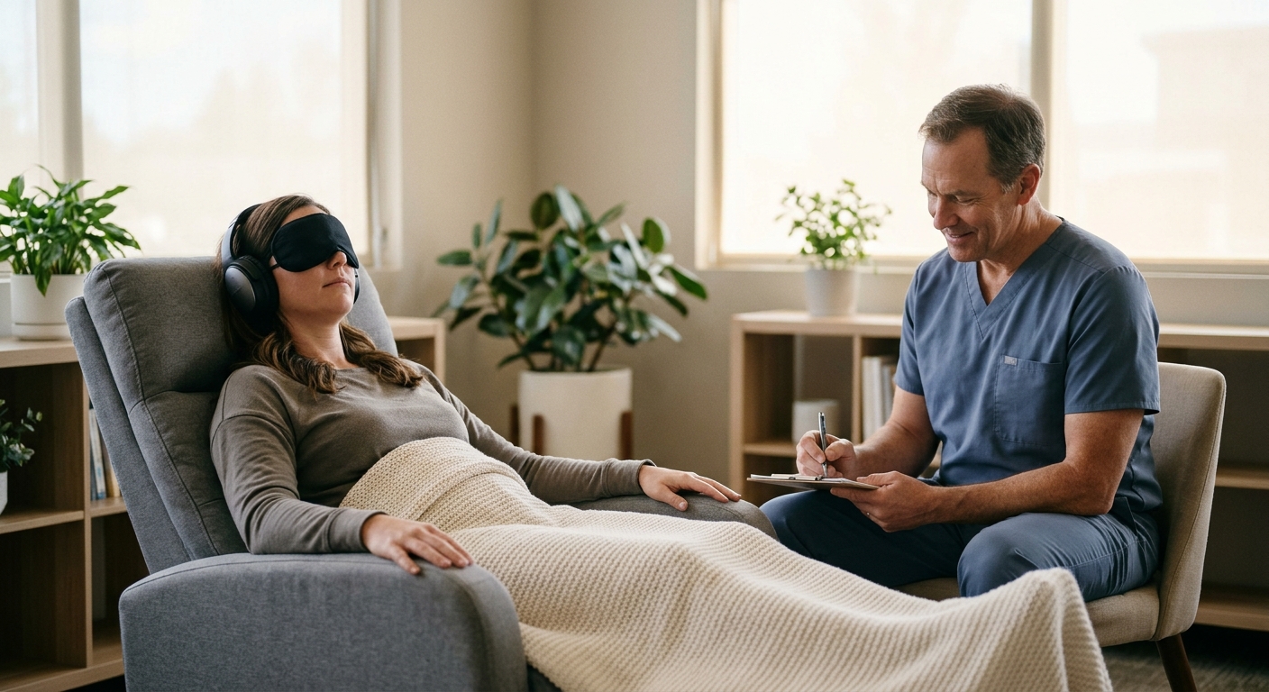 Photo: A person reclining with eyeshades and headphones during a supervised session
