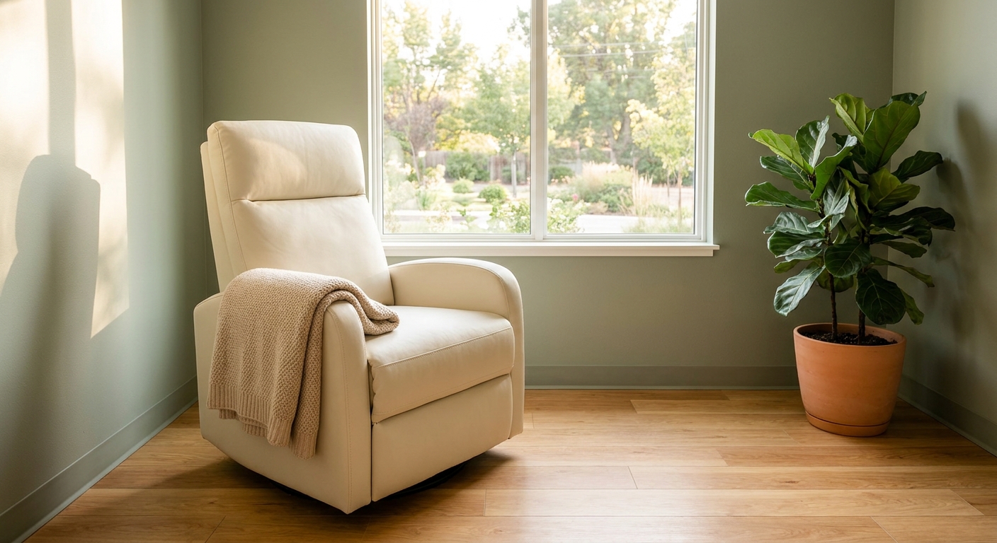 Photo: A comfortable reclining infusion chair beside a window in a calm clinic space