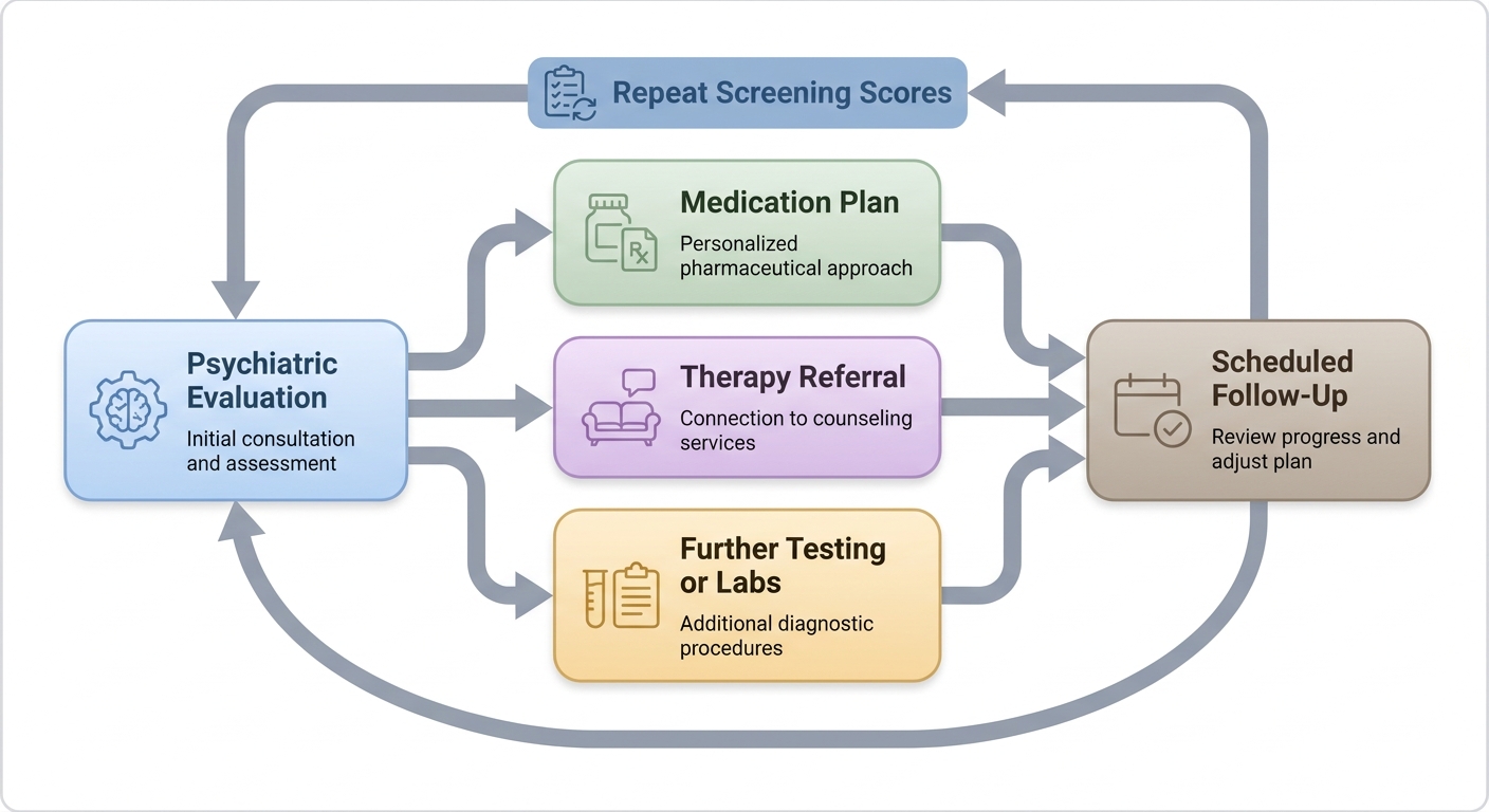 Diagram: What happens after a psychiatric evaluation, shown as a branching flow