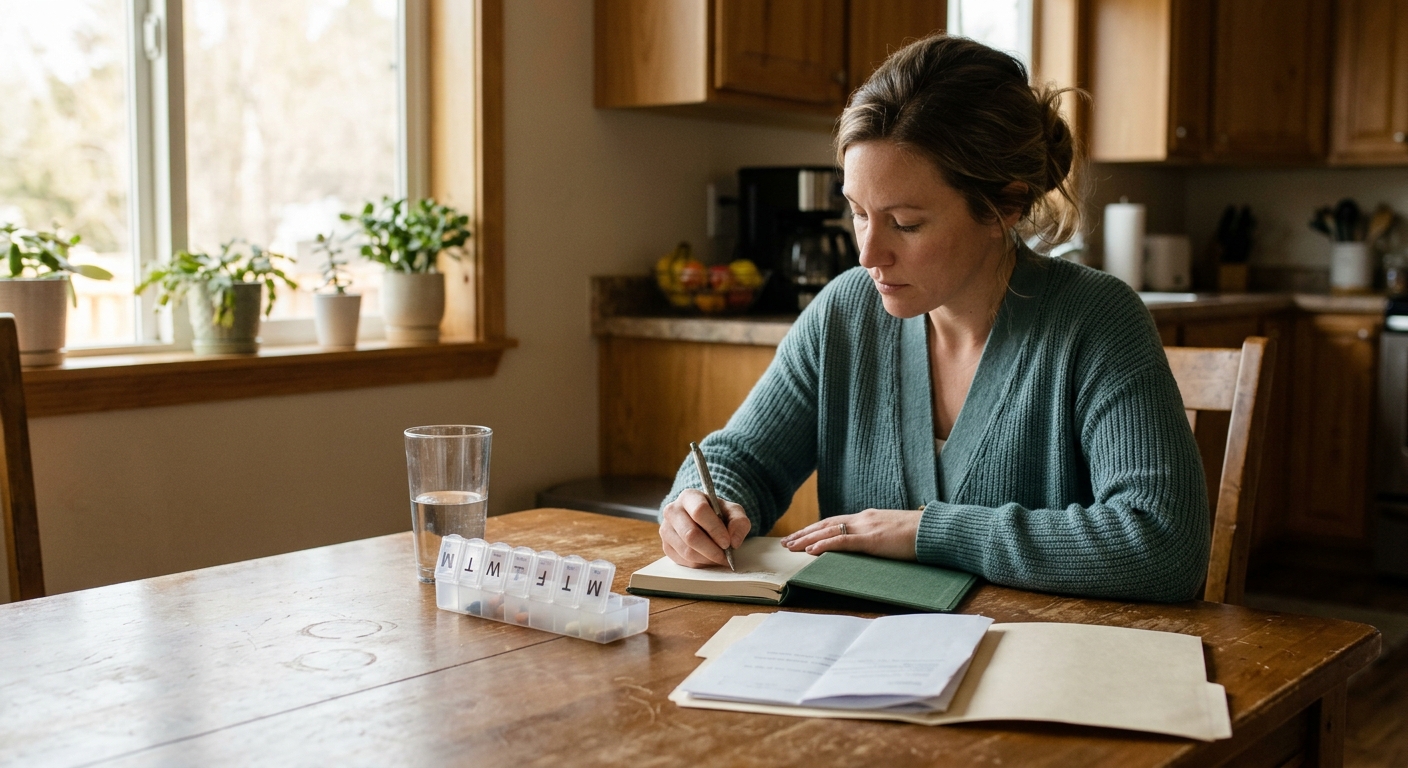 Photo: A person preparing notes for a medical appointment at home