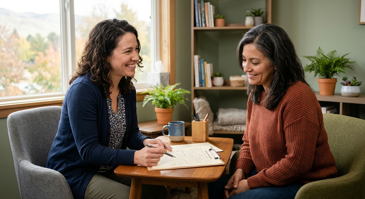 Photo: A clinician and patient reviewing an intake form together