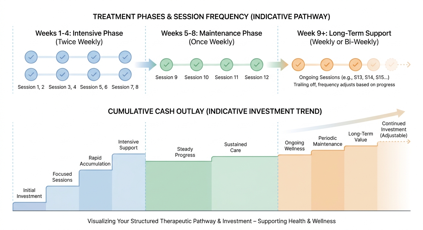 Diagram: How esketamine costs accumulate across the labeled dosing phases
