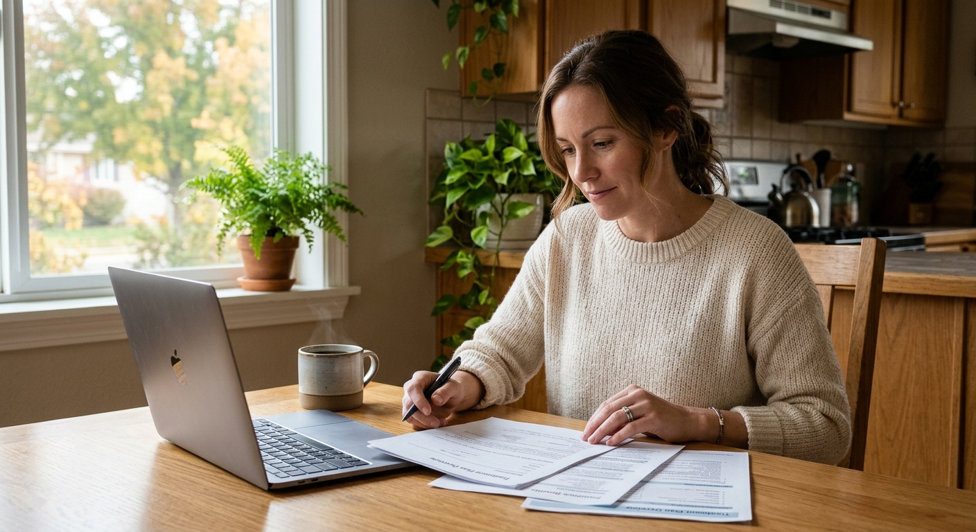 Photo: A person reviewing treatment paperwork and insurance documents at a kitchen table