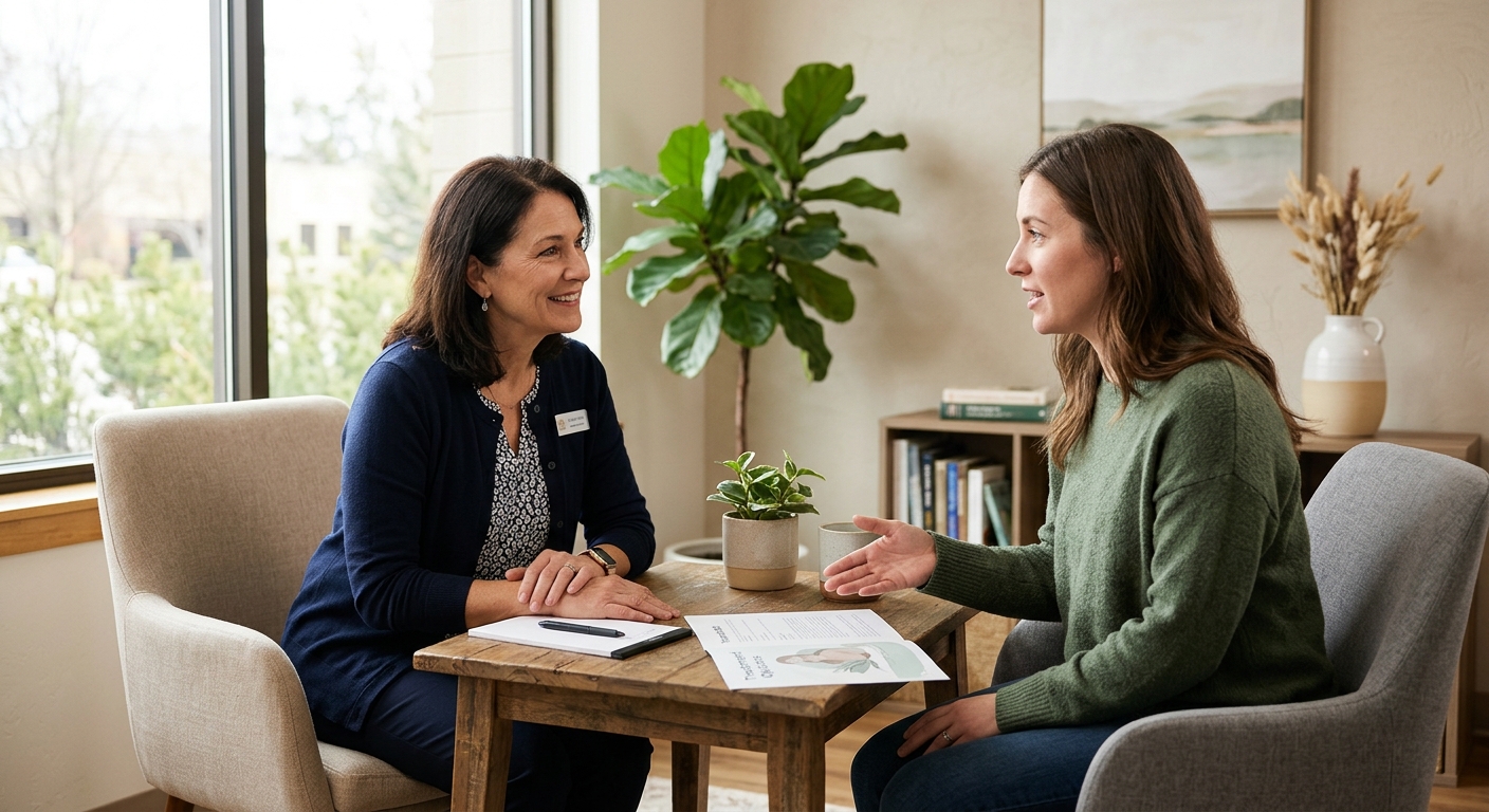Photo: A calm consultation conversation in a bright clinic space