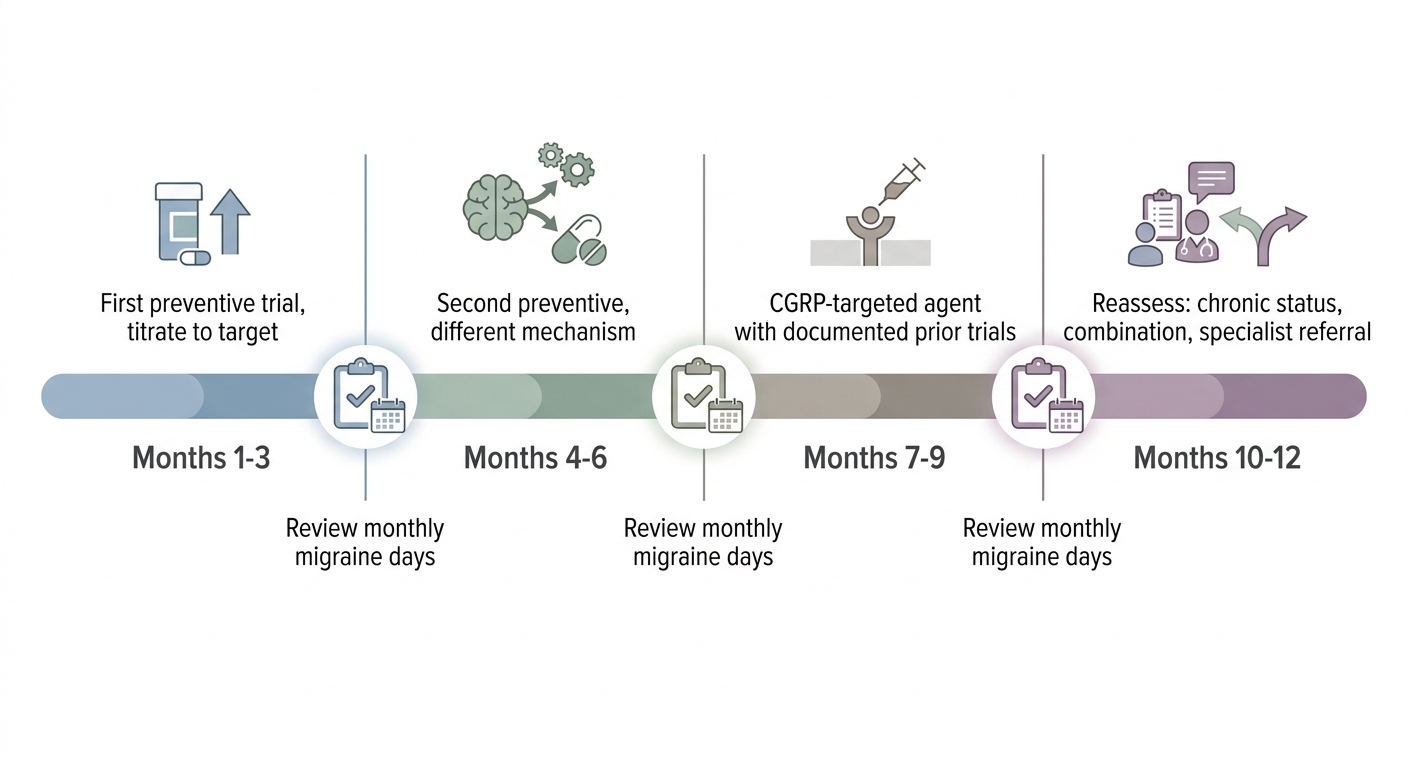 Diagram: A 12-month migraine treatment escalation timeline